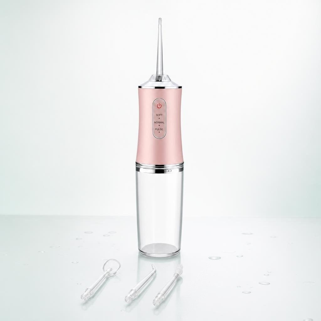 Irrigador dental portátil Oravia rosa con sus 4 boquillas: una puesta y tres de recambio