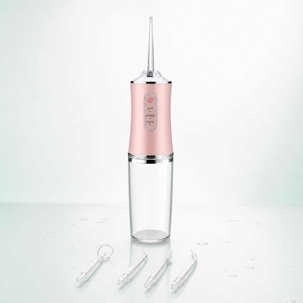 Irrigador dental Oravia rosa con sus 4 boquillas